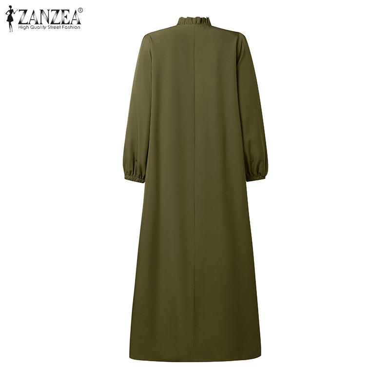 ZANZEA Women Round Neck Long Sleeve Loose Vintage Long Dress