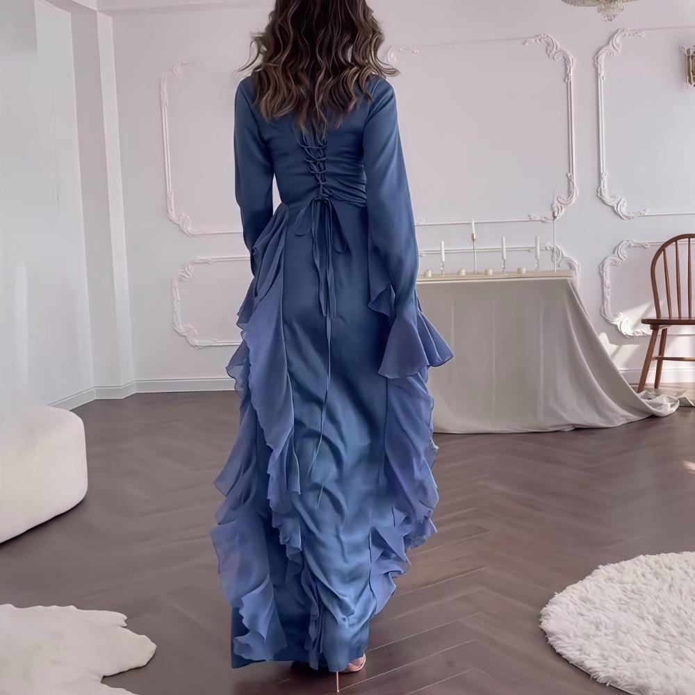 Vestido Feminino Manga Flare Babados Vestidos de Festa Muçulmanos Dubai Abaya Turquia Robe Elegante Robe Feminino Vestido Islâmico Moda Outono