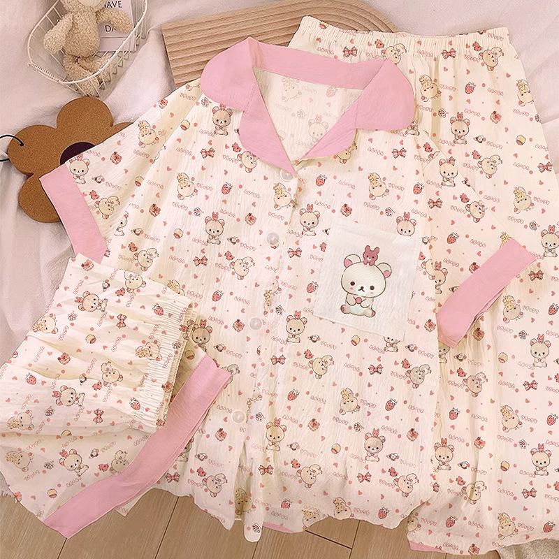 

Milk Wind Relaxed Bear Cartoon Pajamas Women S Summer Short Sleeves Lazy Feeling Home Shares Cloud Cotton Three-Piece Set M