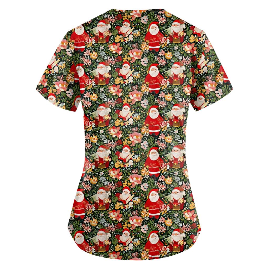 Women's Fashion V-Neck Short Sleeve Overalls With Pockets Christmas Printed Tops  Clothes