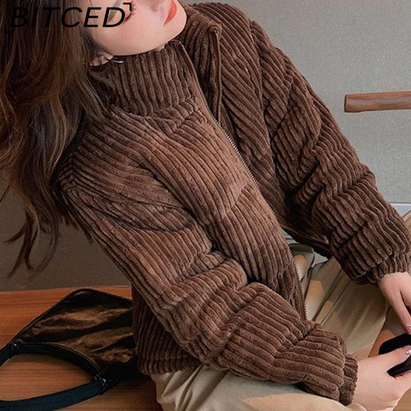 BITCED Winter Women's Stand Collar Short Corduroy Quilted Down Jacket Loose-Fit Lightweight Cotton-Padding Coat