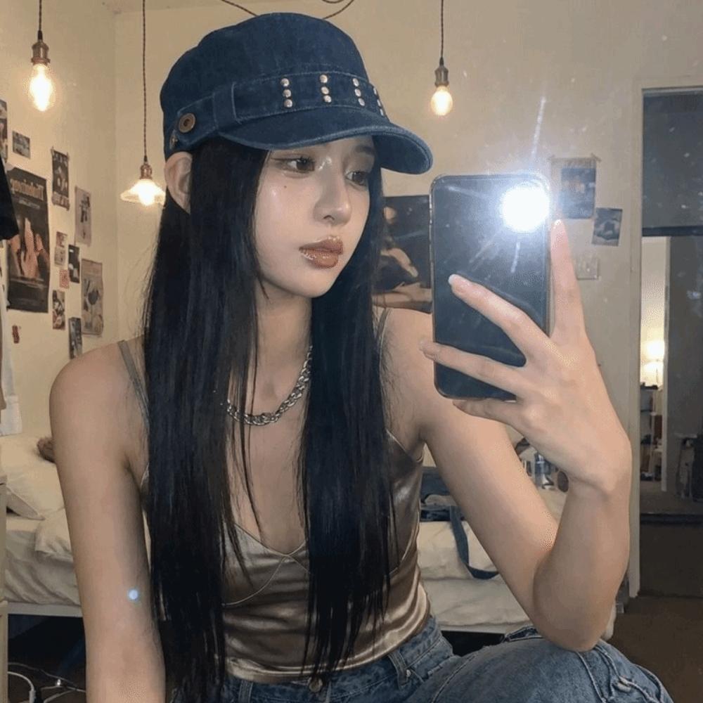 Washed Denim Rivet Flat Top Y2k Equestrian Hat Fashion Denim Octagonal Hat Travel
