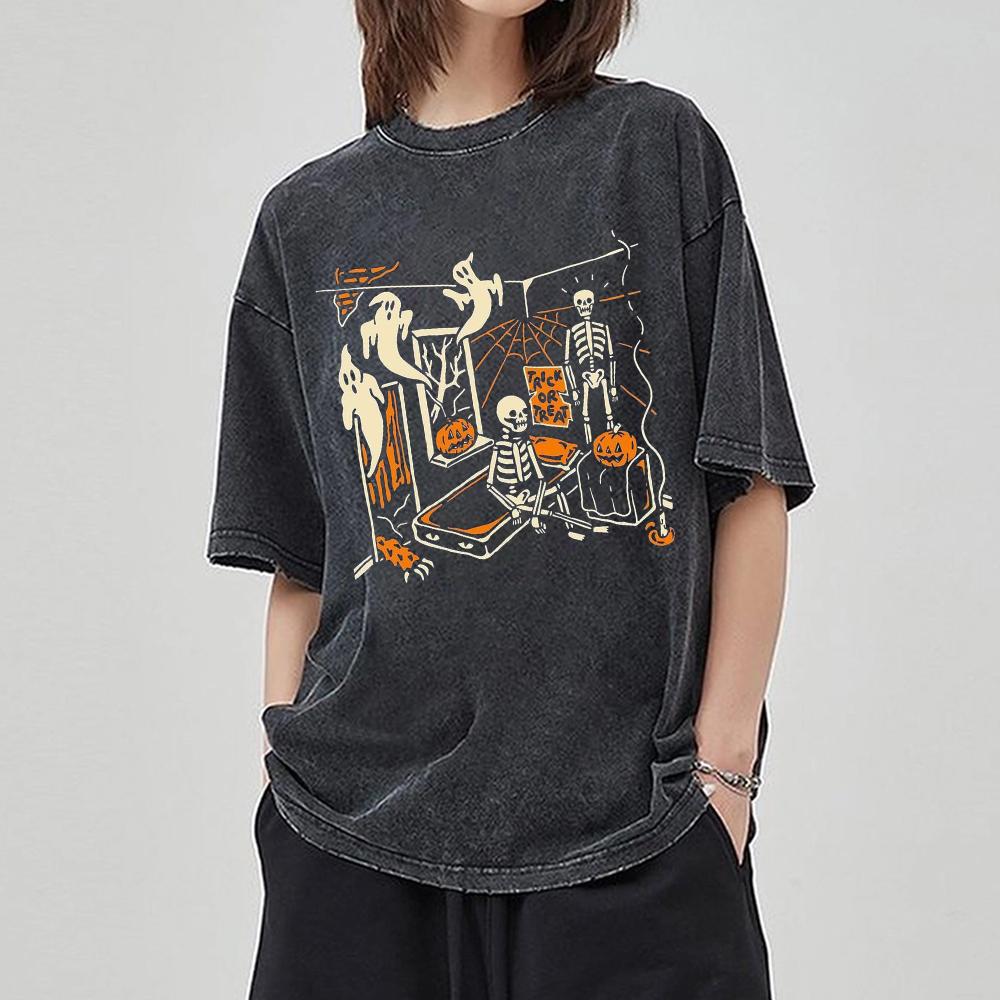 Halloween Pumpkin Print Women's T-Shirt Oversized Round Neck Wash Short Sleeve Y2K Simple Casual Top Festive Hot Selling Fashion