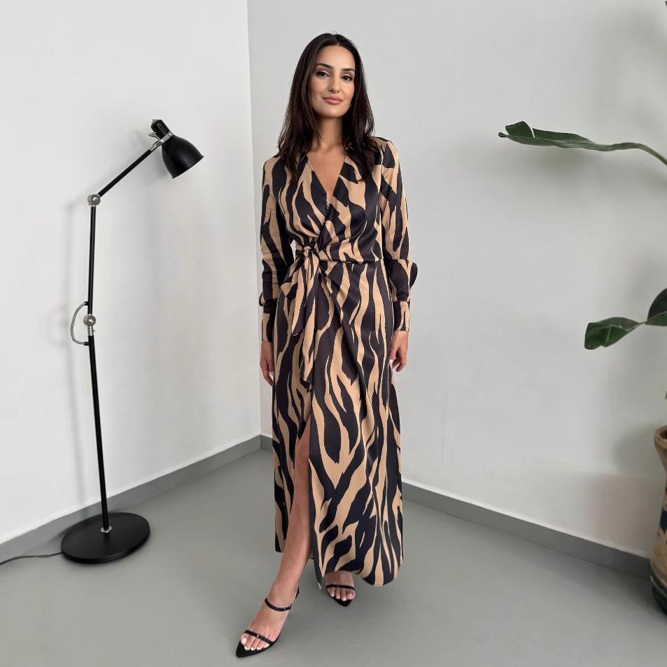 

2024 Autumn V-Neck Print Tie Waist Long Sleeve Women s Dress Extra Extra Extra Large чёрный