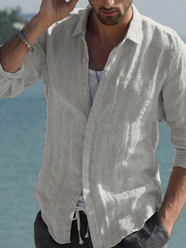 Men's Cross-Border Linen Spring and Summer Beach Long Sleeve Solid Color Casual Shirt Daily Shirt