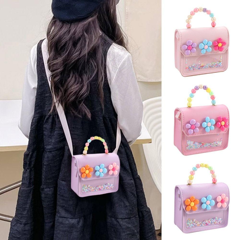 Cute Flowers Children's Handbags Messenger Bag Sweet Girls Pearl Shiny Kids Shoulder Bag Cartoon PU Leather Crossbody Bags