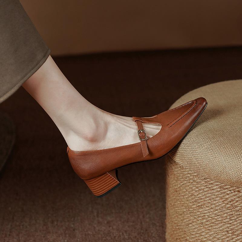 2024 Retro T-tied Women Pumps Spring Summer Genuine Leather Mary Janes Square Toe Thick Heels Office Lady Working Shoes Woman
