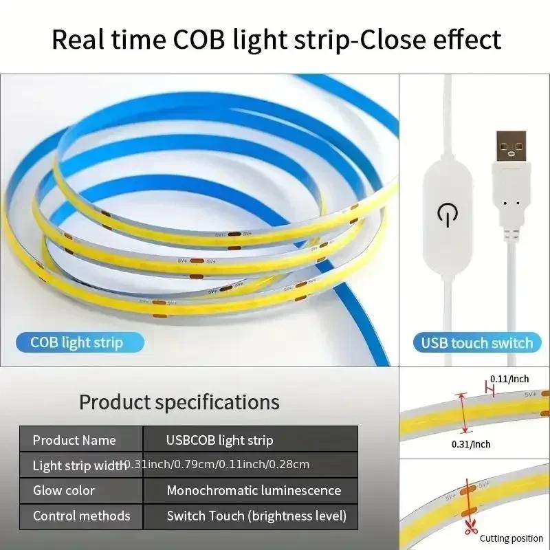 USB 5V COB LED Strip Light Touch Sensor Switch Dimmable Diode Lights For Home Holiday Christmas Lights Home Room Party Decor