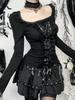 T-shirts Gothiques Noirs à Manches Longues avec Garniture en Dentelle, Tops Vintage Sexy à Col Carré et Laçage avec Choker Croix, T-shirts d'Automne pour Femmes