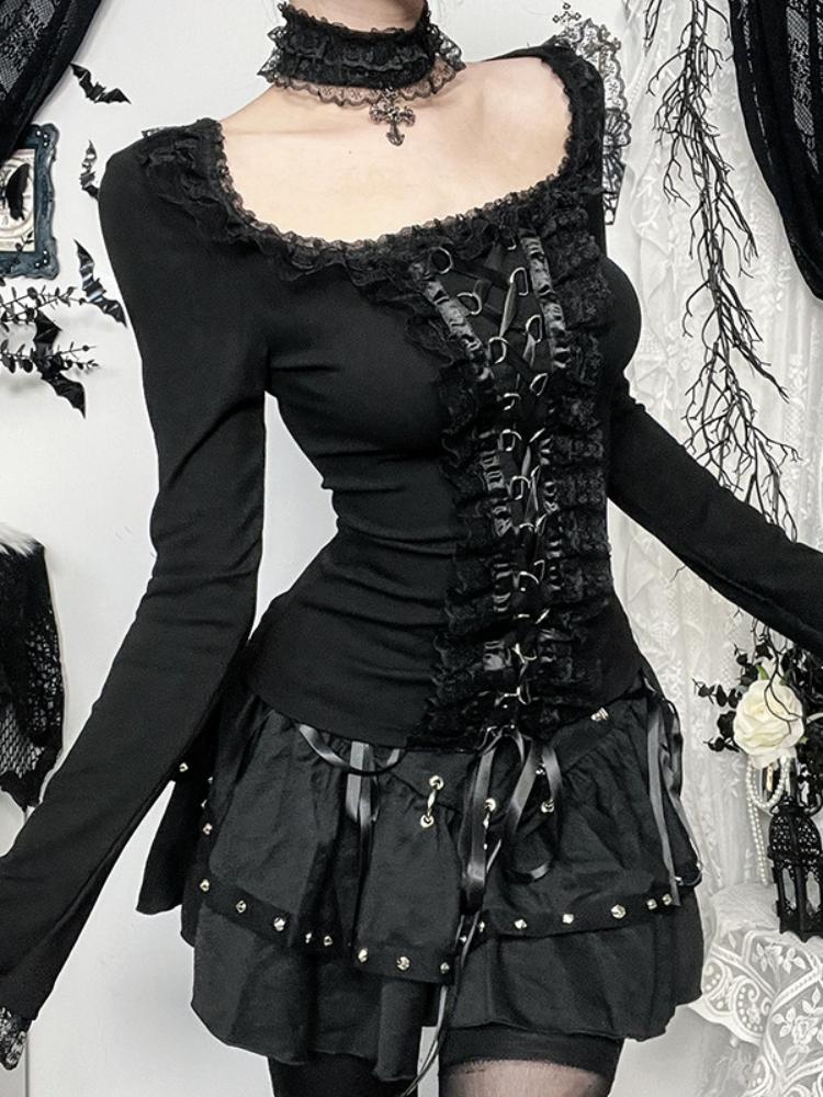 T-shirts Gothiques Noirs à Manches Longues avec Garniture en Dentelle, Tops Vintage Sexy à Col Carré et Laçage avec Choker Croix, T-shirts d'Automne pour Femmes