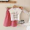 Girls Summer Princess Outfit Cute Cartoon Print Short Sleeve T Shirt And Plaid Shorts Two Piece Set Kids Clothing