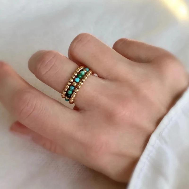 Vlen 18K Gold Plated Triple Stackable Rings Set Adjustable Beaded Jewelry for Women Elegant Elastic Rings Gift for Anniversary