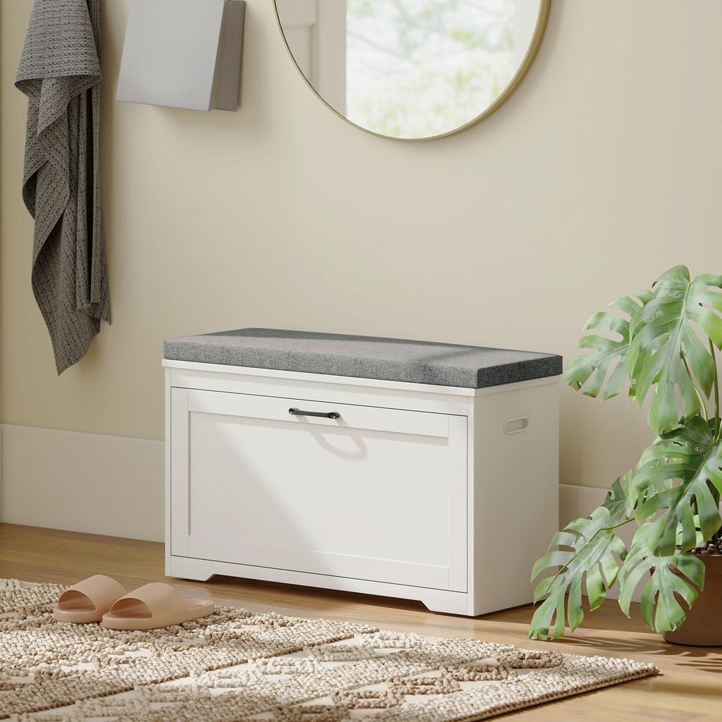 Panca moderna per scarpe con seduta imbottita e ripiano regolabile per 8 paia di scarpe per ingresso 80x30x50 cm Bianco