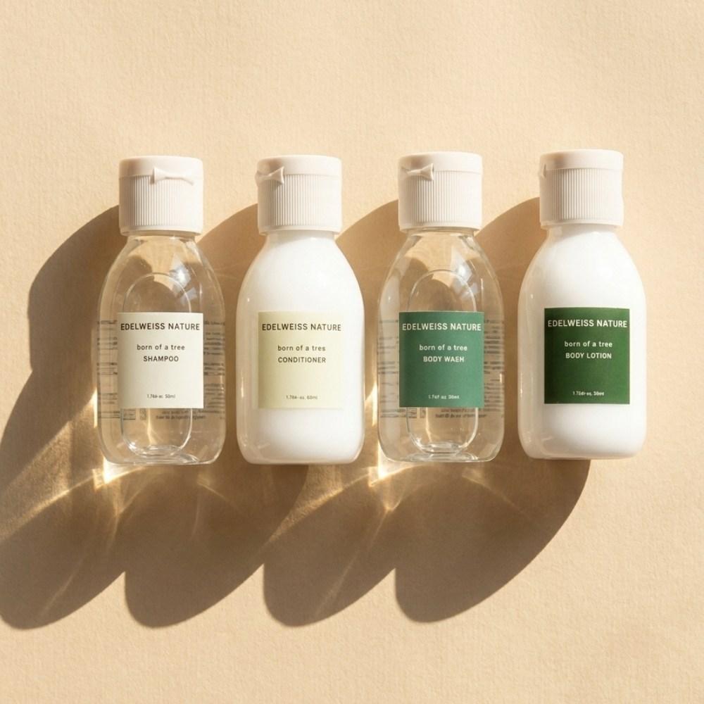 50ml Woody Scent 5-Piece Amenity Pouch Set (Shampoo, Conditioner, Body Wash, Lotion, Soap) 1 Set for Hotels, Pensions, and Travel