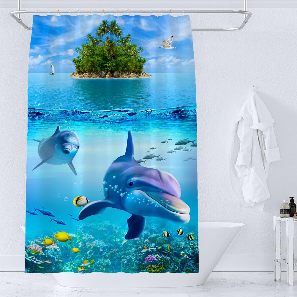 36X72 Inch Dolphin Shower Curtains Underwater World Marine Life Fabric Bath Curtain Kids Ocean Theme Bathroom Decor With Hooks