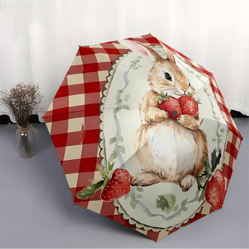 1pc Bunny Strawberries Automatic Open/close Umbrella, 8-Rib Sturdy Structure, Artistic Pattern, Compact Design, Fashion Lovers L044
