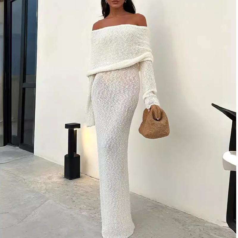 

2025 European & American Long Sleeve Off-the-Shoulder Beach Dress Small белый