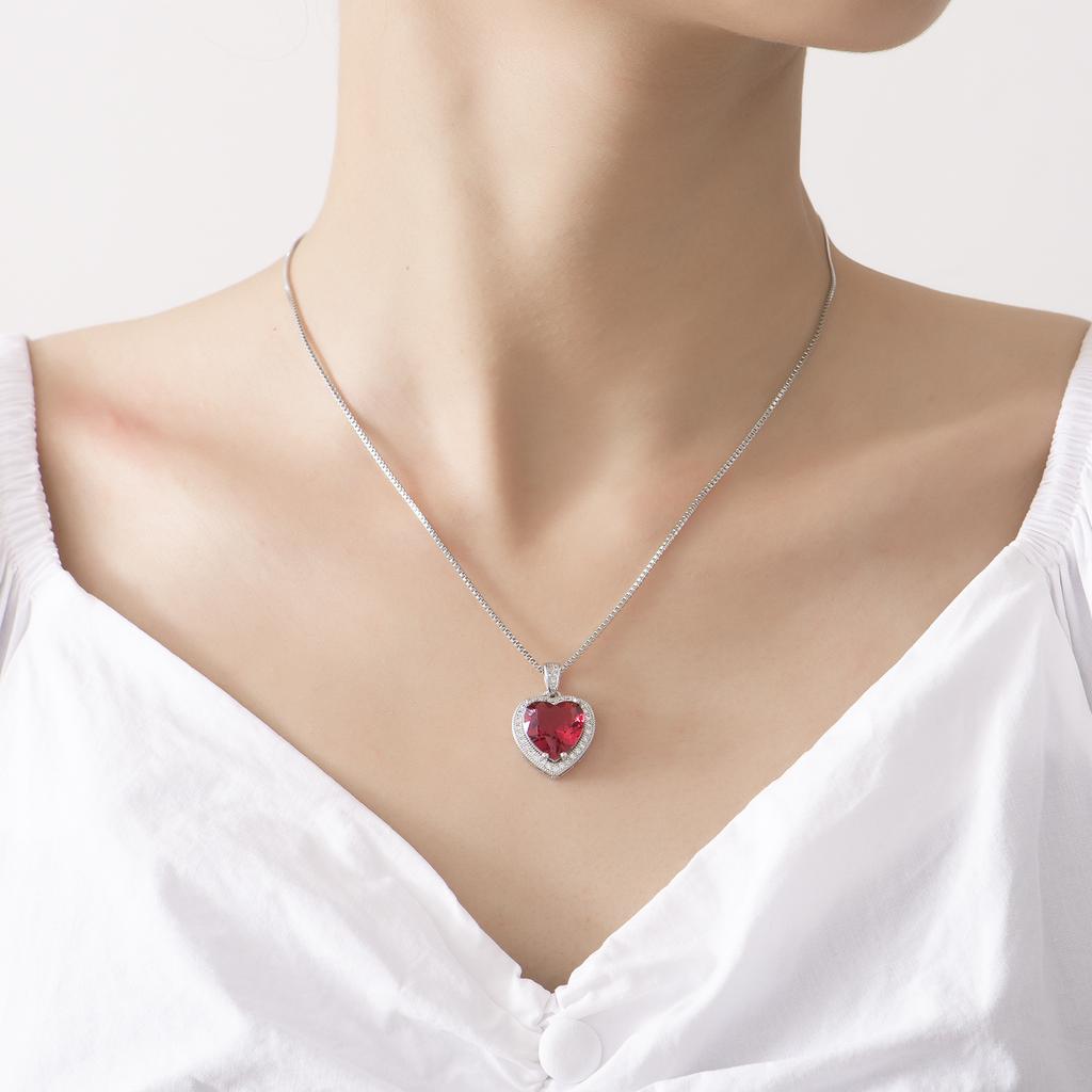 New exaggerated European and American heart-shaped simulated ruby tourmaline encrusted zircon love pendant women's fashion necklace