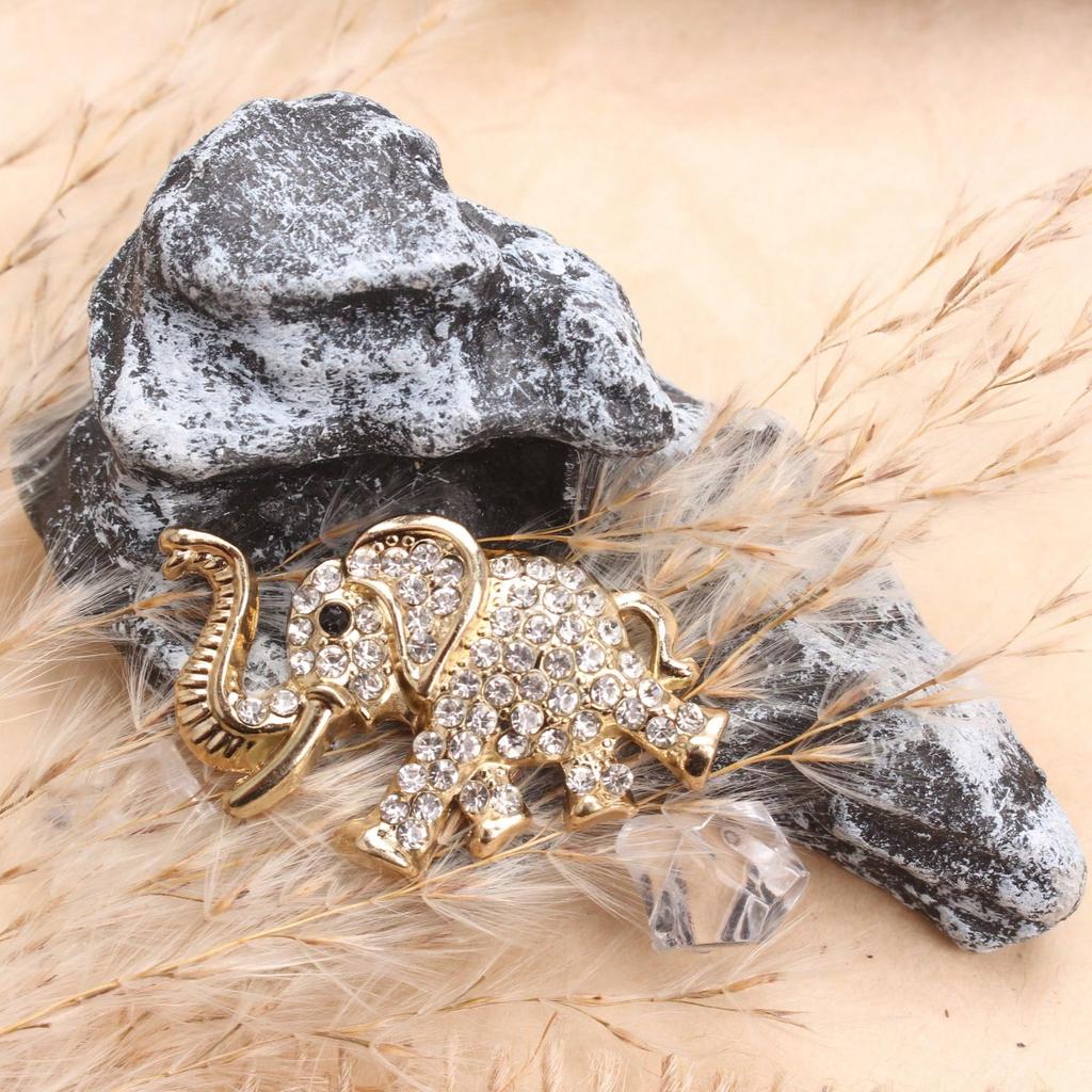Vintage Elephant Brooch Set, Gold Silver-Toned Clear Rhinestone Pin, Accessory for Outfits Bags Styling