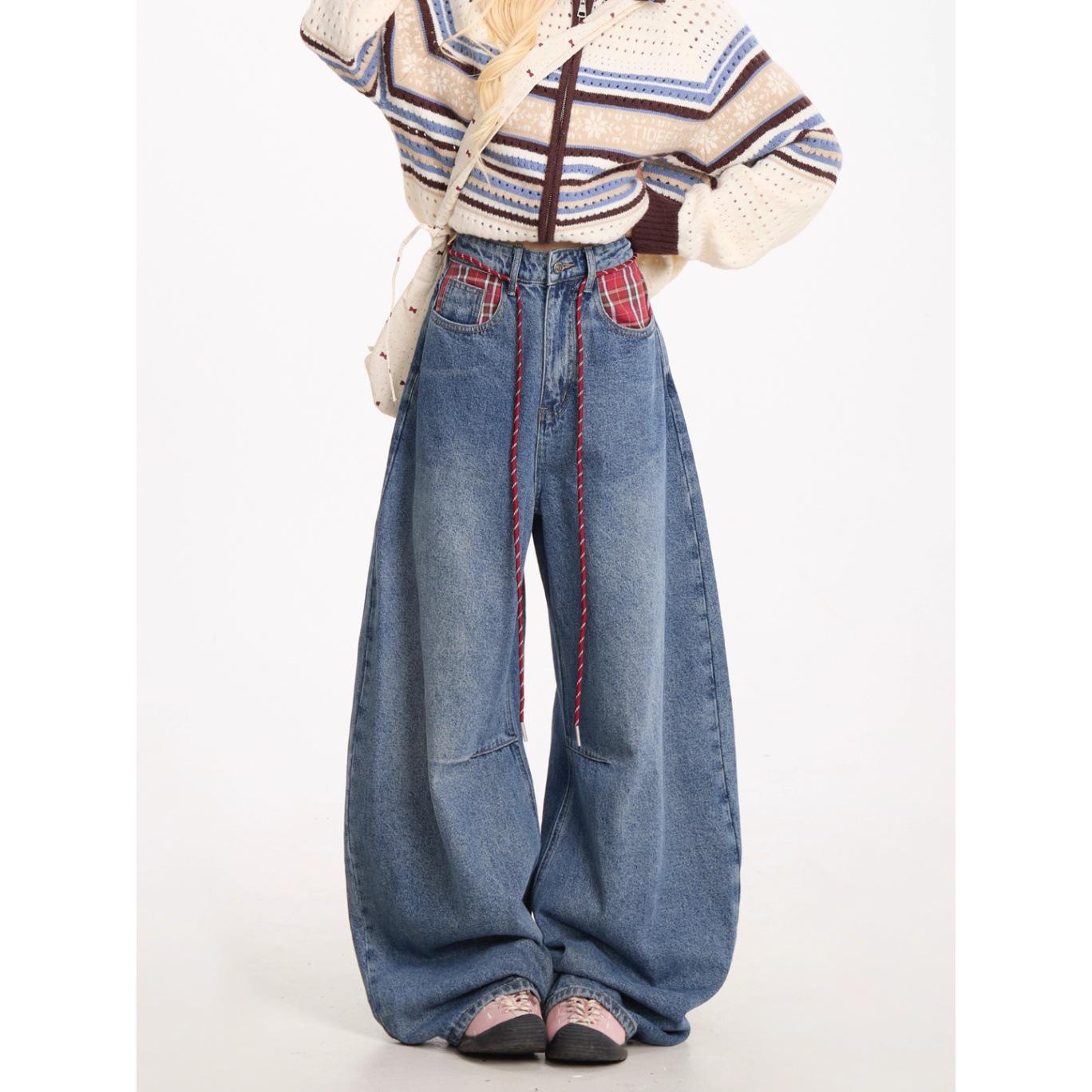 

Plaid Patchwork High Waist Wide Leg Jeans with Waist Tie – Women s Floor-Length Hip Hop Retro Style. Medium