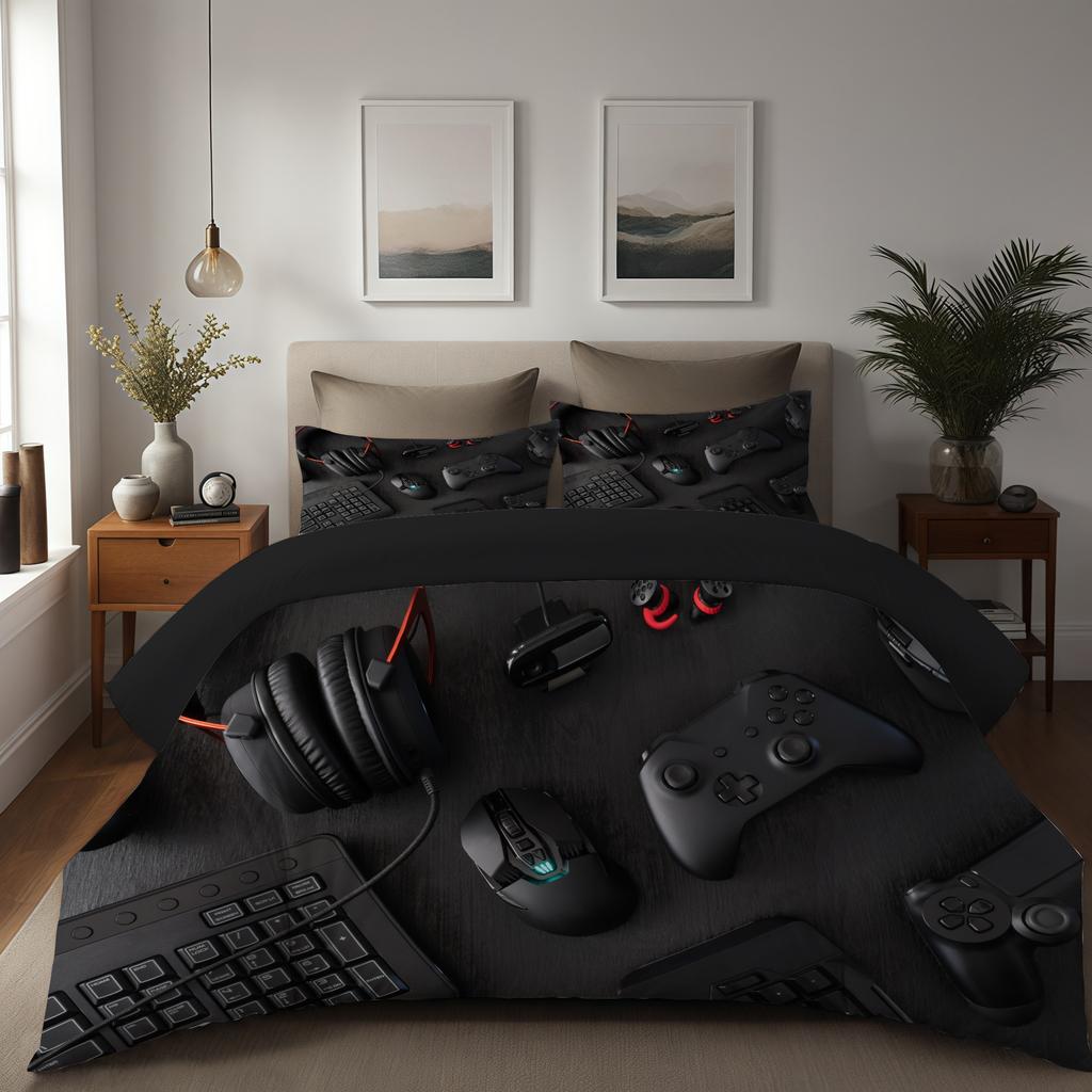 Modern Gamepad 3D Print Duvet Cover Set Youth Video Game Controller Mouse Keyboard Headphone Gaming Bedding Set For Bedroom Dorm