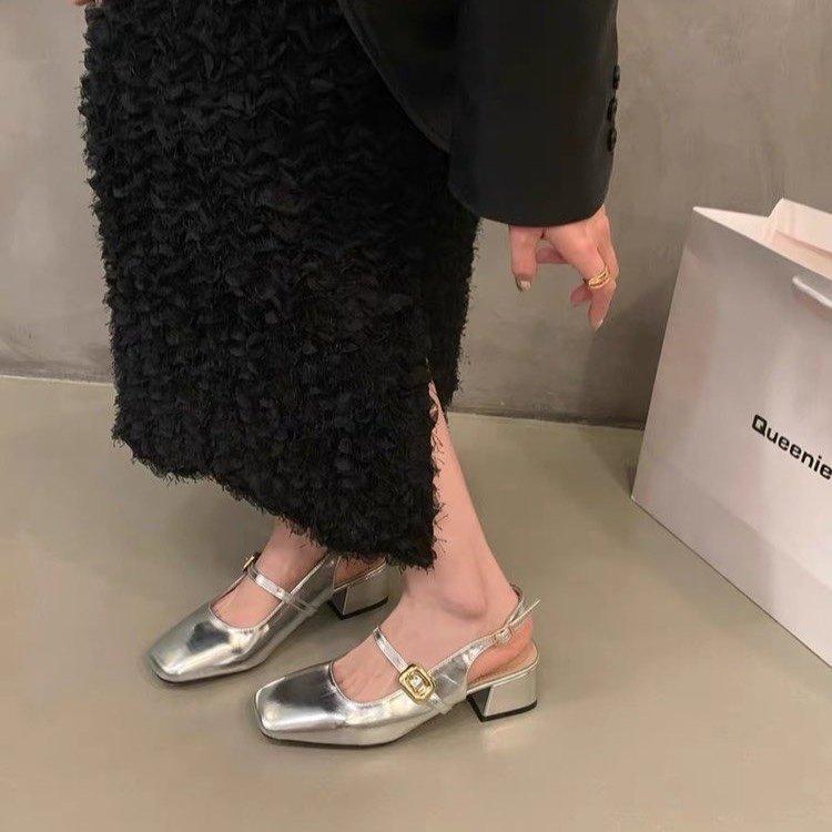 

French thick heel bag head sandals women s skirt red single shoes 2025 summer new gentle evening Mary Jane shoes 40 серебряный