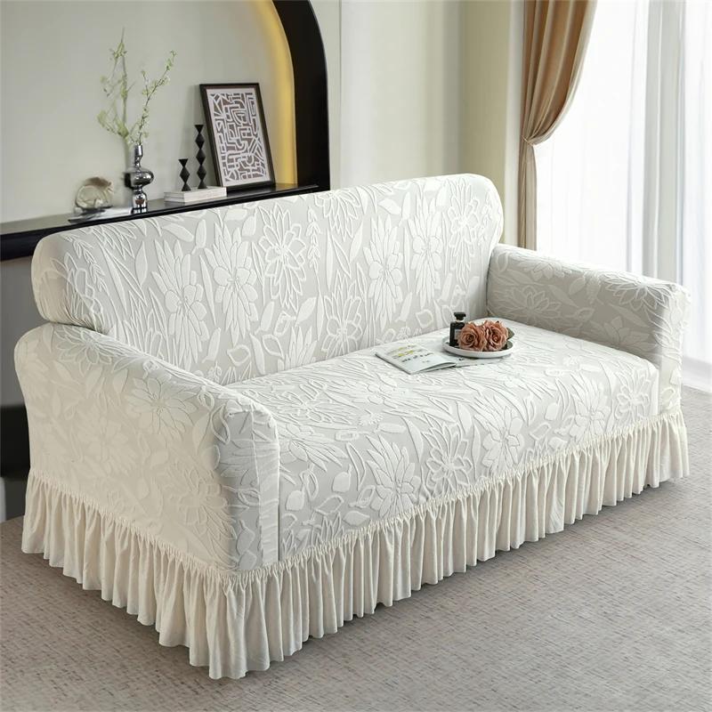 Jacquard Uni-Farben Sofabezug mit Volant Rutschfest Stretch Couchbezug für Schlafzimmer Büro Wohnzimmer Heimdeko