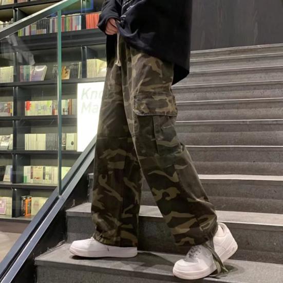Men Baggy Pants Camouflage Multiple Pockets Elastic Waist Ankle Tied Streetwear Spring Autumn Hip Hop Loose Trouser for Sports