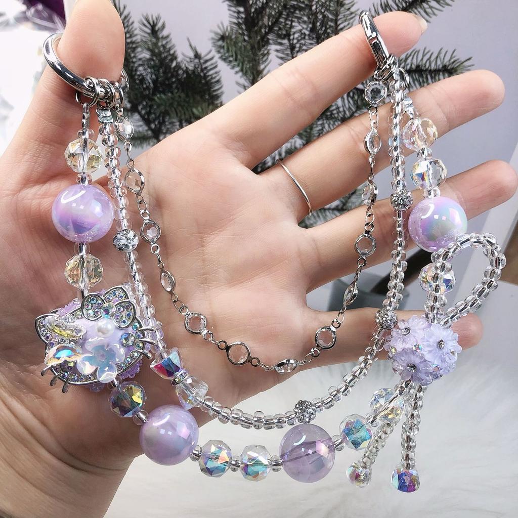 Luxury Beaded High-End Phone Lanyard Cat Wrist Strap Pearl Rhinestone Handmade Bowknot Bracelet Anti-Lost Mobile Phone Chain