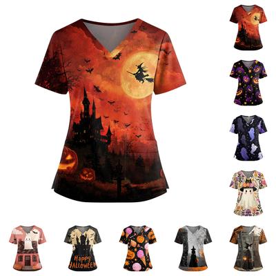 Halloween Print V Neck Short Sleeve Nurse Scrub Top with Dual Pockets and Side Slits for Healthcare Professionals Workwear