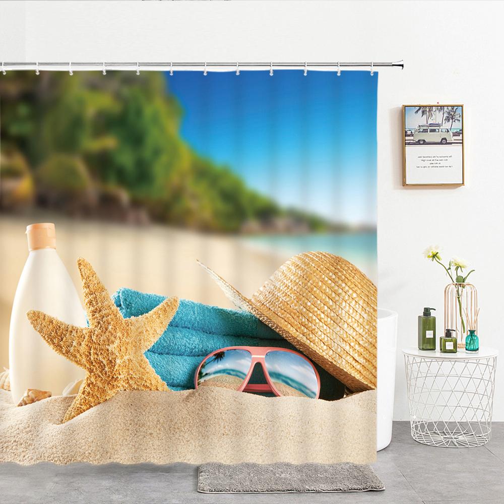 High Quality Sea Beach Shell Printed Shower Curtains starfish Bath Curtain Screen Waterproof Products Bathroom Decor with Hooks