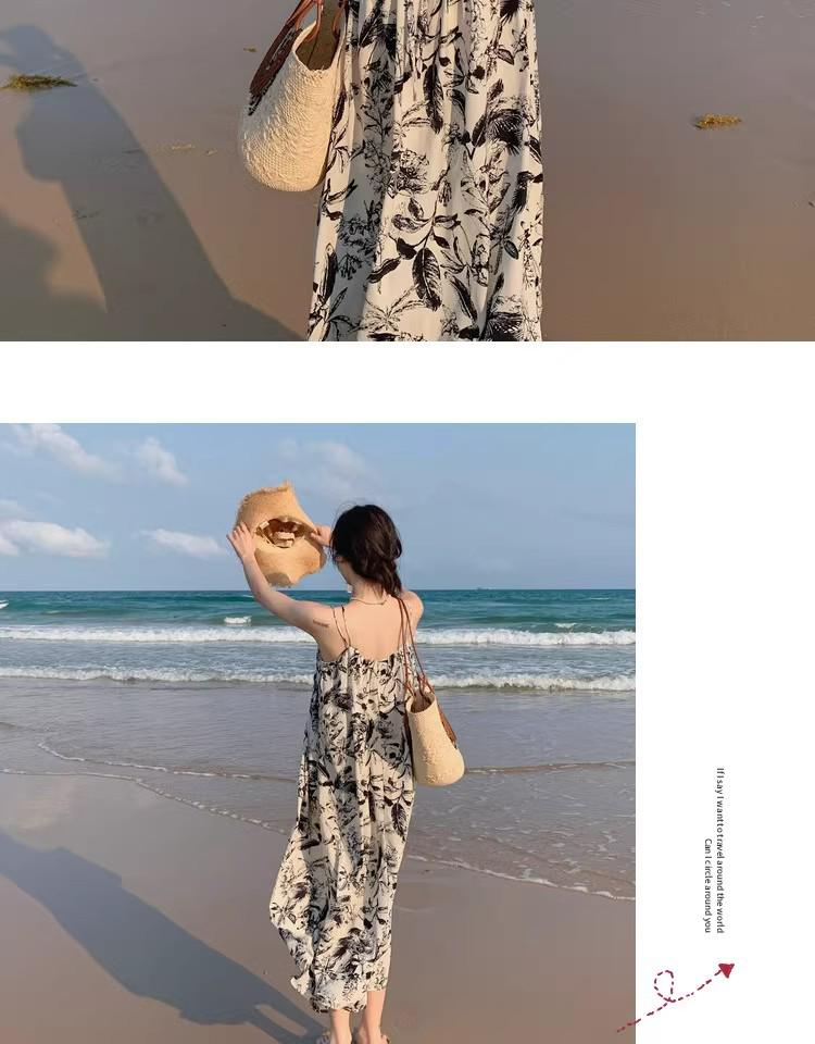 2024 French Ink Floral Suspender Beach Dress: High-End Summer Wear for Women