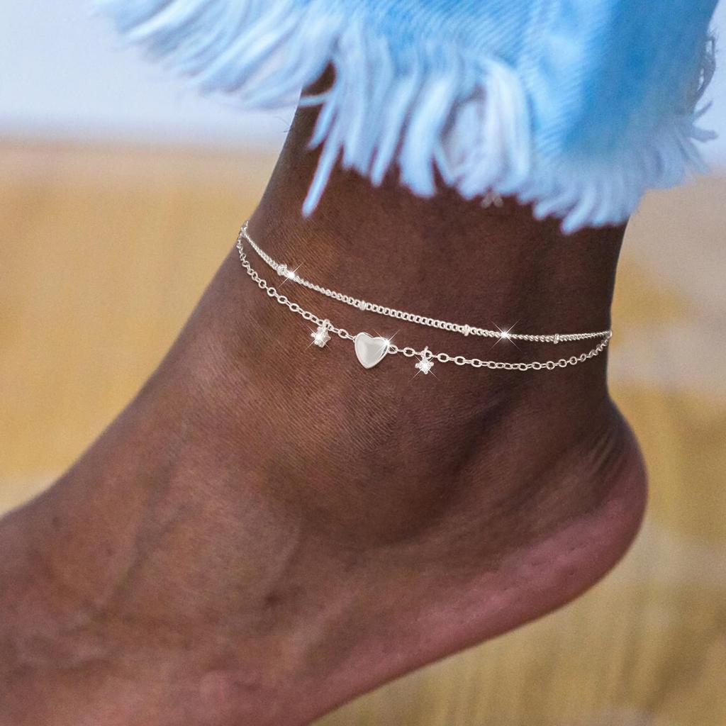 Bohemian Anklet Bracelets for Women, CZ Heart Charm Waterproof Chain, Summer Beach Barefoot Jewelry Gift for Girl