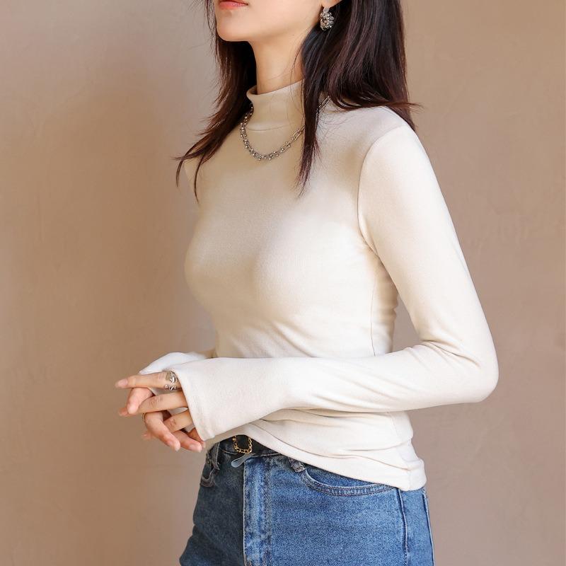 Autumn and Winter Women's Bottoming Shirt Half-high Neck Dralon Inside The Padded Long-sleeved Mid-collar Solid Color Slim Bottoming Clothes