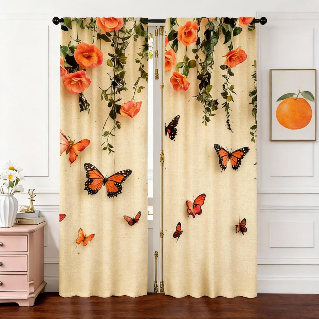 Schmetterling und Rose Verdunkelungsvorhänge 2 Stück – Schwarze Silhouette auf Rosa Blumigem Hintergrund, Romantische Schlafzimmer- oder Wohnzimmerdekoration