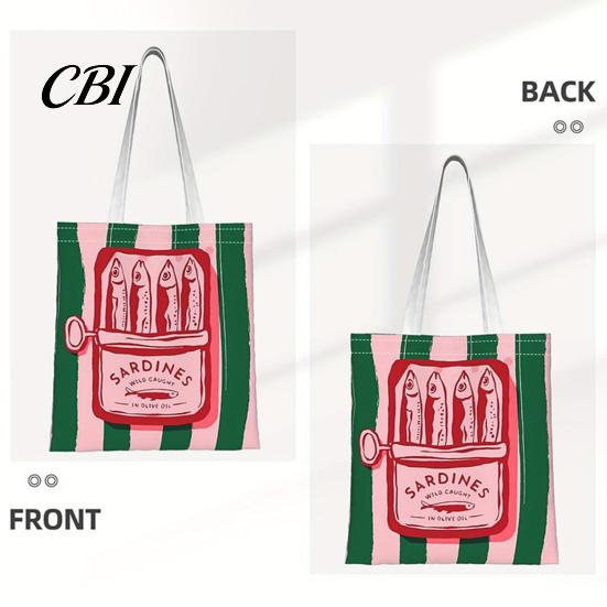 Durable Fabric School Bag Striped Canvas Tote, Sardine Can Pattern, Reusable Shopping Bag, Foldable Versatile Everyday Handbag Tote for Women Men Gym