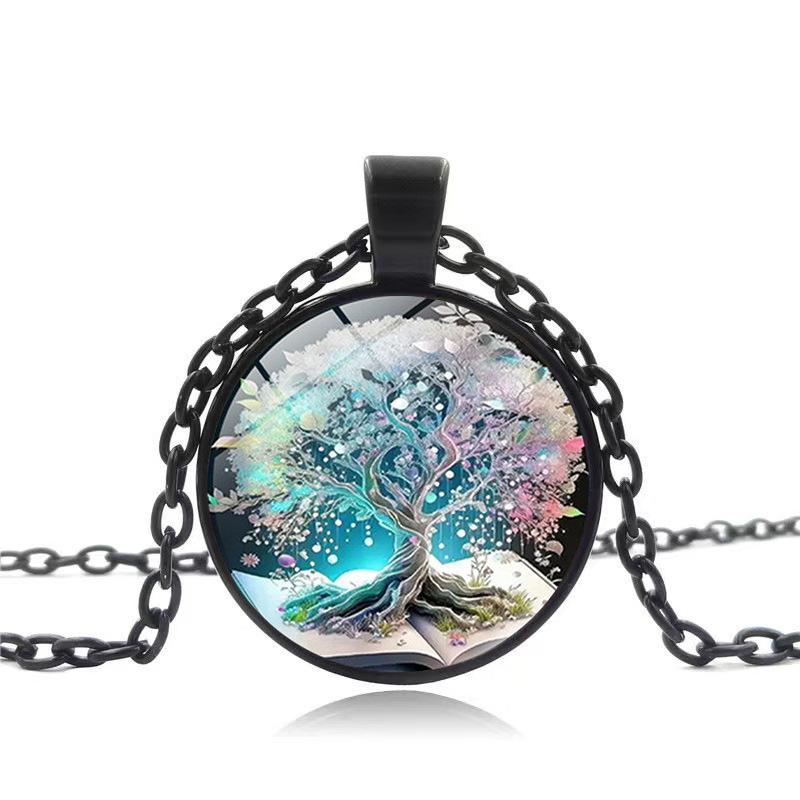 Time Gem Tree of Life Pattern Round Glass Alloy Pendant Necklace