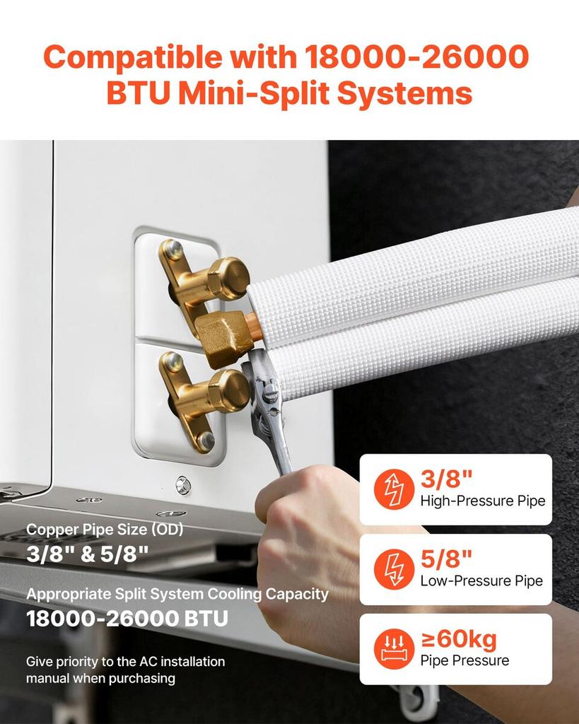 30.5m Mini Split Line Set, 9.5 & 15.9mm OD AC Copper Tubing Pipe, 3/8 White PE Thickened Insulated Coil with Flared Nuts, Strapping Tapes, for Mini