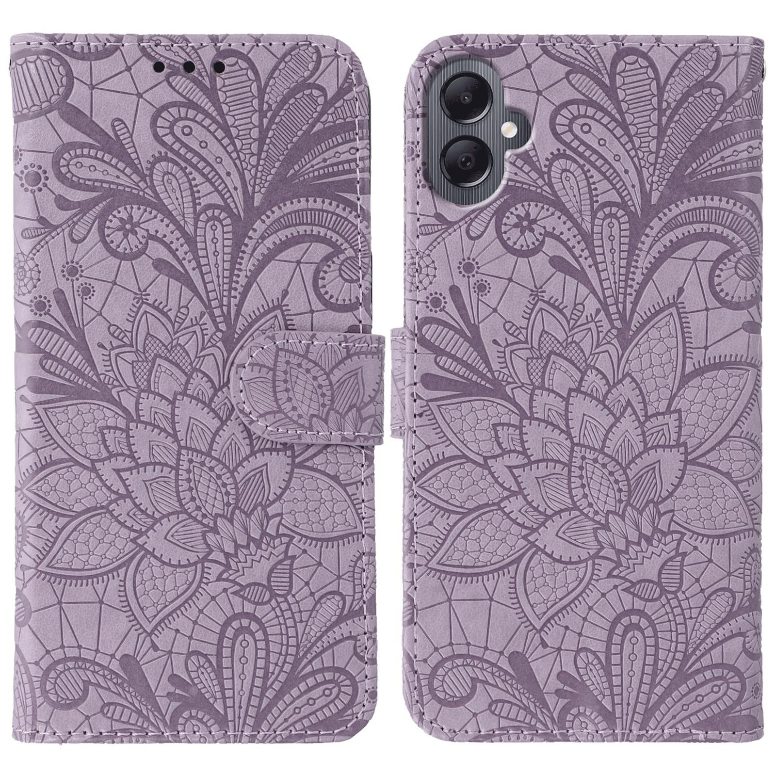 

For Samsung Galaxy A06 4G Case Lace Flowers PU Leather Flip Wallet Phone Cover Purple