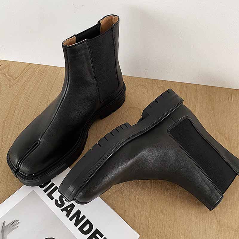 Genuine leather Split-toed Boots Mid-tube Chelsea Boots Men's and Women's Couples High-top Set of Split-toed Leather Shoes