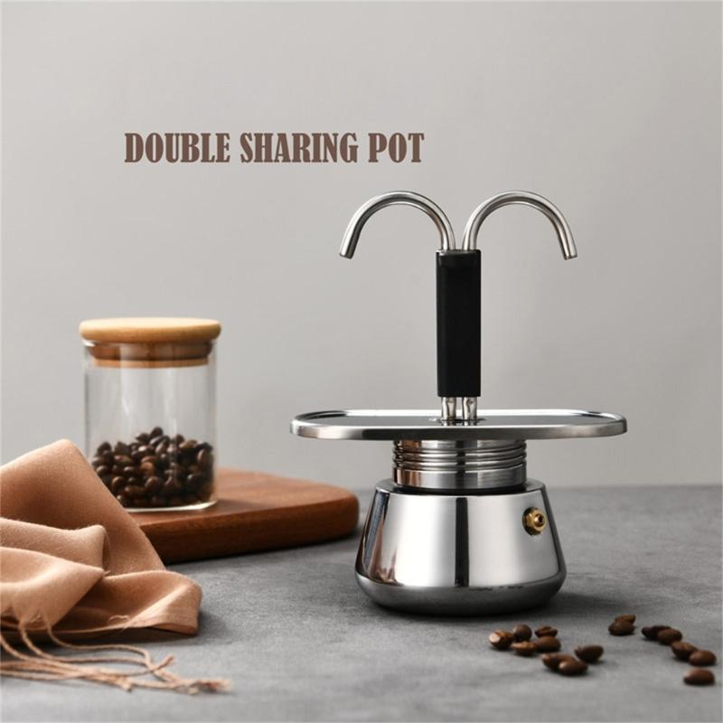Induction-Compatible Double-Spout Mocha Pot, Brushed Steel Coffee Maker for About Two Espresso-Size Cups On Common Cooktops