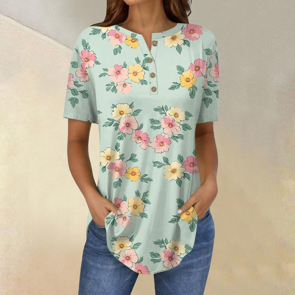 Short Sleeve Womens Tops Summer T-Shirts Floral Print V Neck Casual Basic Tee Button Shirts Tunic Tops