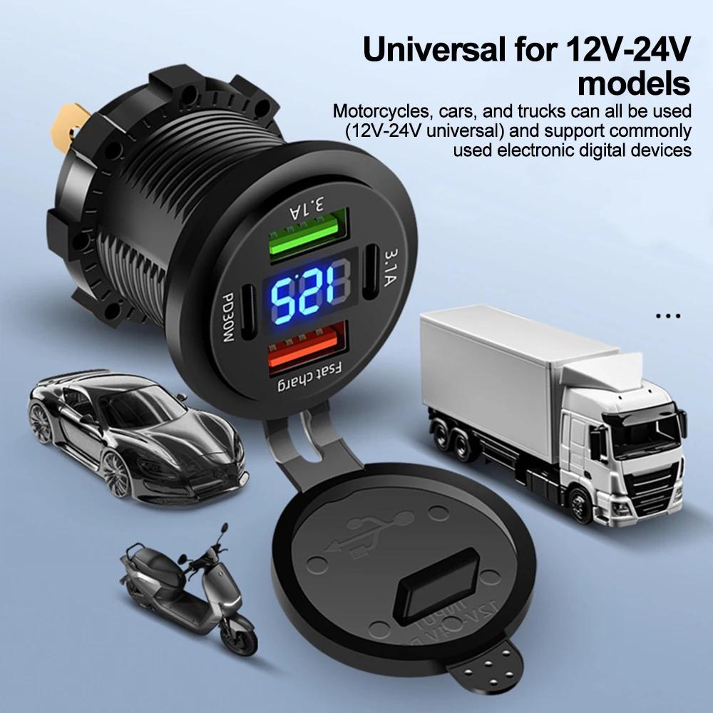 4 Port Car Charger Socket PD 30W Fast Charging Dual USB+Type C Outlet Phone Power Adapter with Voltmeter for Motorcycle Truck Boat