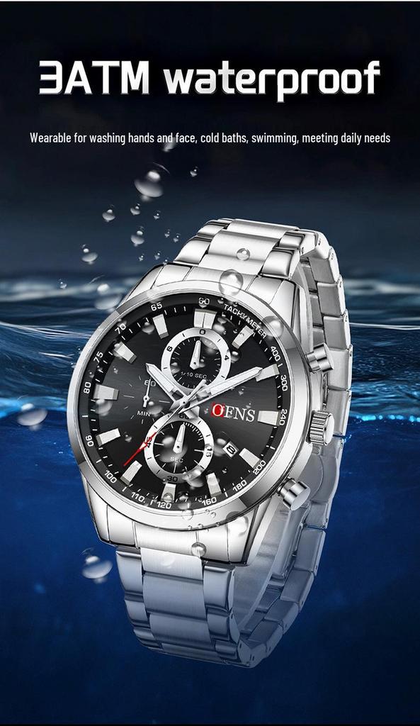 OFNS 3D Sun Dial Quartz Watch: Luminous, Waterproof, Multifunctional Men's Timepiece with Three-Eye, Six-Needle Design and Calendar.