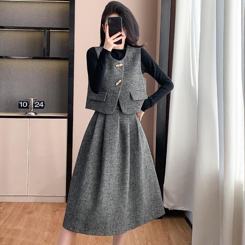 Modă Coreeană Retro Vestă & Fustă Midi Set Slimming Trei Piese pentru Femei