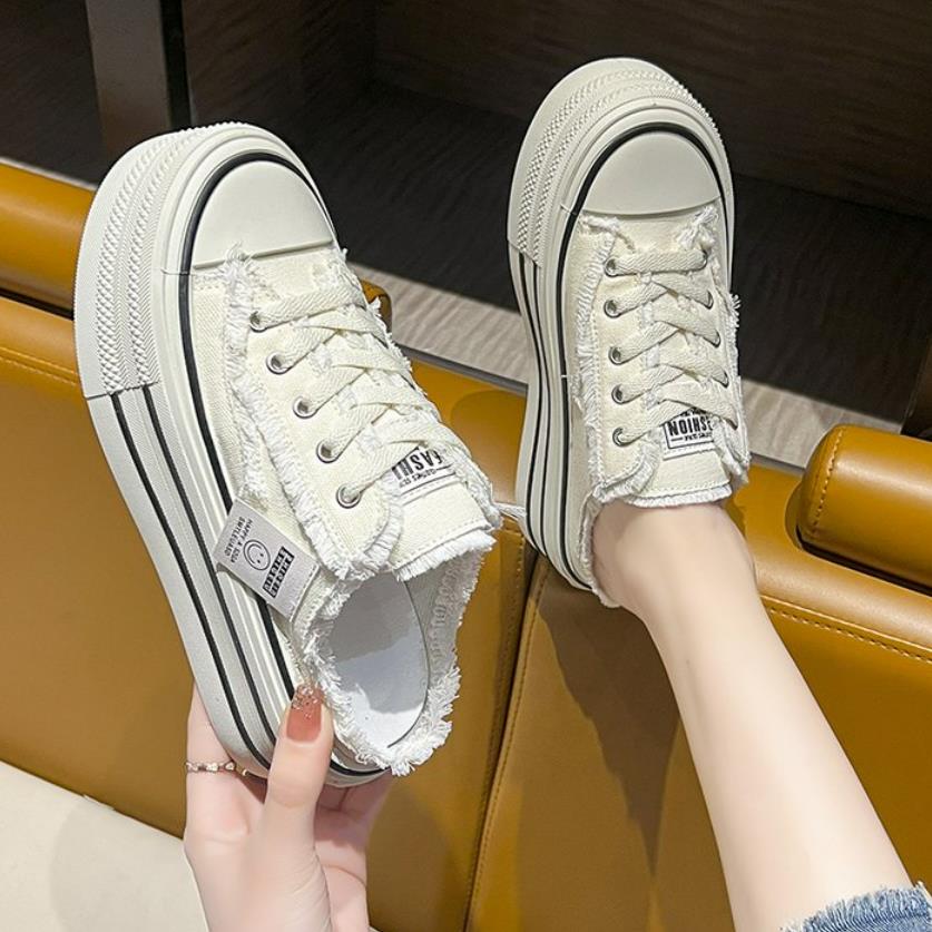 fashion New Canvas Shoes Women Casual Designer Vulcanize Shoes Half Slippers Soft Loafers Platform Height Increasing Platform Slippers