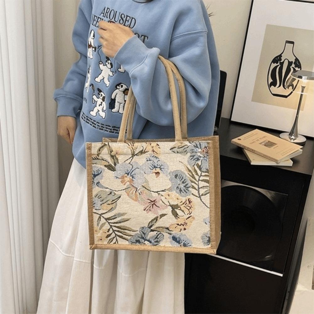 Flower Floral Pattern Shoulder Bag Canvas Geometric Cloth Bag Casual Ethnic Style Handbag Women