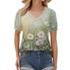 Damenmode Blumendruck Top Puff Kurzarm V-Ausschnitt T-Shirt Lose Casual T-Shirt