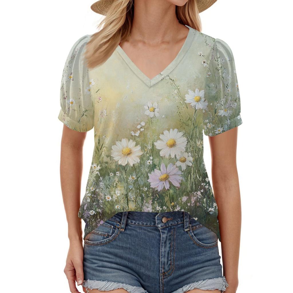 Damenmode Blumendruck Top Puff Kurzarm V-Ausschnitt T-Shirt Lose Casual T-Shirt