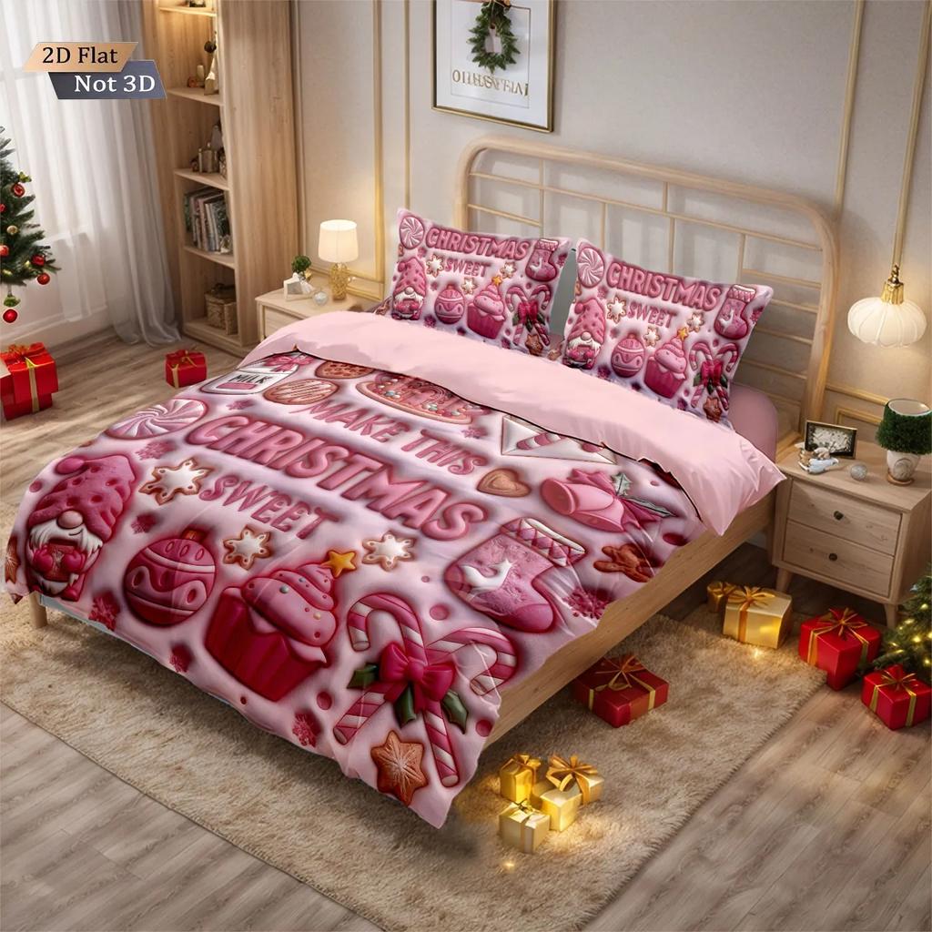 3pcs Pink Imitation Bedding Set Relief Christmas Dwarf Print Coreless Duvet Cover Set Soft Dormitory Bedroom Decor Multiple Size